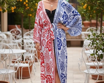 Kimono estampado dividido / Maxi caftán floral con estampado de piñas / Kaftán para playa