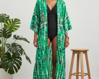 Green Tie Dye Kimono | Long Bohemian Beach Cover Up | Flowy Resort Wear