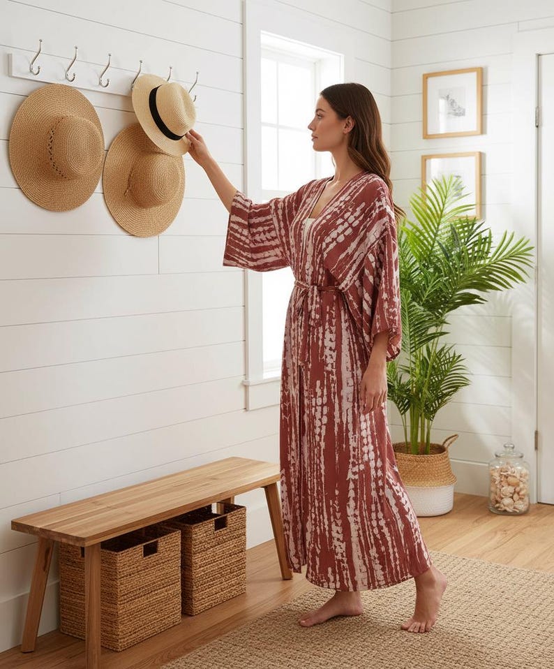 Straw Robe Tie-dye Striped Kimono | Terracotta Loungewear Robe | Bohemian Beach ...