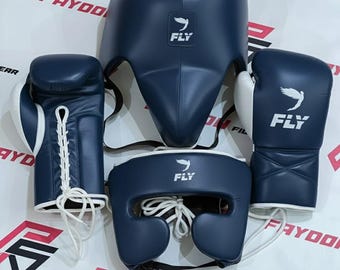 Set de boxeo azul y blanco Fly / Guantes de piel de vaca, equipo de protección para la cabeza y la ingle
