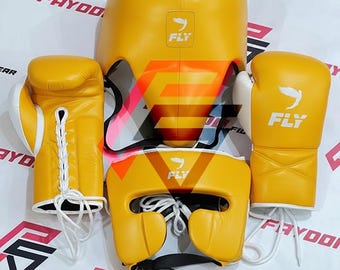 Customized Handmade Fly Yellow Sparring Set For Christmas Gift ,MMA Boxing Gloves Head & Groin Guard