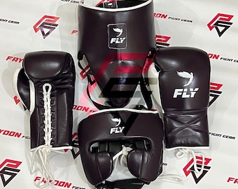 New Fly Boxing leather Boxing Gloves Set Sparring Kit Head Gear Set