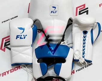 Latest Customized Fly Blue White Boxing Sparring Set Gloves, Head, Groin Guard Gym Gift Genuine Leather