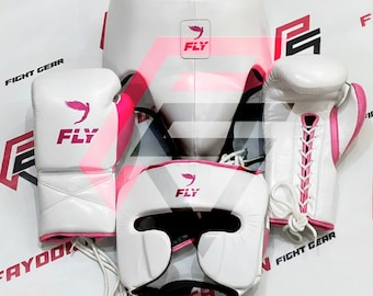 New Fly Boxing leather Boxing Gloves Set Sparring Kit Head Gear Groin Guard