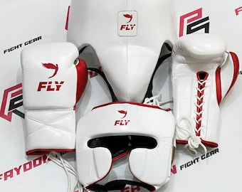 Custom Handmade Fly White Red Boxing Sparring Set | Gloves Headgear Groin Guard