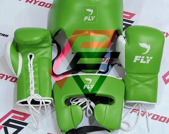 Genuine Cowhide Leather Fly Boxing Sparring Set: Gloves, Headguard, Groin Guards