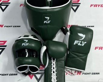 Fly groen-witte leren full-face sparringset inclusief bokshandschoenen, hoofdbescherming en kruisbeschermer