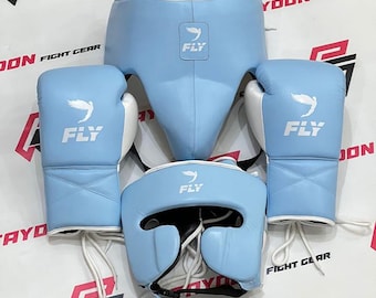 Nuevo juego de guantes de boxeo de cuero Blue Fly Boxing, kit de sparring, protección para la cabeza y copa para la ingle.
