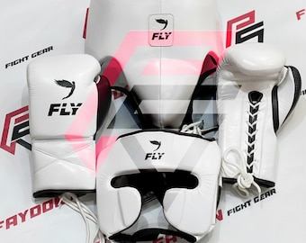Custom Handmade Fly White Black Boxing Sparring Set | Gloves Headgear Groin Guard