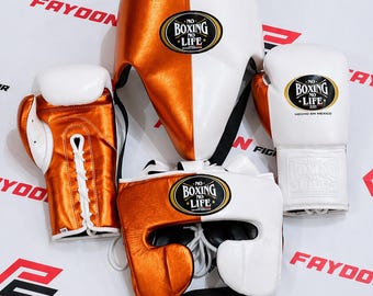 No Boxing No Life Orange White Sparring Set - Gloves - Headgear - Groin Guard