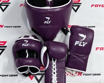 Handmade Purple Leather Boxing Set – Gloves, Headguard, Groin Guard - Full Face