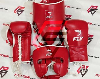 Fly Custom Boxing Gear Set of 3, Personalized Gloves Head Guard Groin Protector