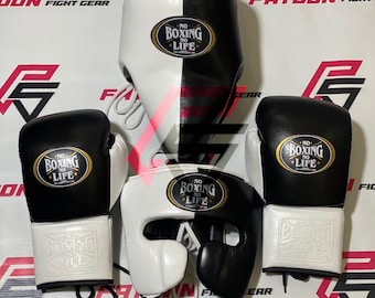 No Boxing No Life Genuine Leather Training Sparring Set – Gloves, Head Guard & Groin Protector