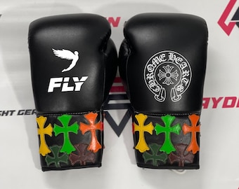 Gants de boxe Fly Sparring personnalisés, toutes couleurs, en cuir véritable, faits main - Noir - À lacets
