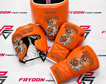 Sparring Training Halloween Gift Boxing Set - Genuine Leather Gym Workout Training Gloves, Head & Groin
