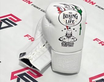 May include: A pair of white boxing gloves featuring the text "NO BOXING NO LIFE" and a pitbull graphic. The gloves are laced and rest on a white surface with the text "FAYOON FIGHT GEAR".