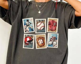 Vintage Baseball Shirt Stamp Style Graphic Tee, Retro Sports Collage T Shirt, Baseball Fan Gift
