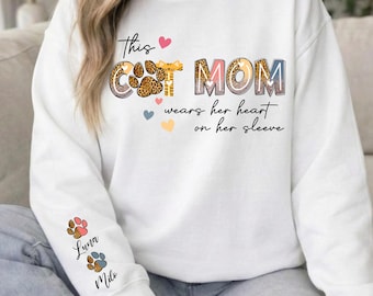 Personalized Cat Mom Sweatshirt: Custom Pet Names Sleeve, Paw Print Design