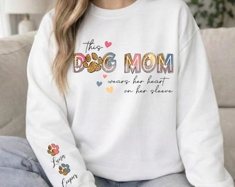 Custom Dog Mom Sweatshirt with Personalized Dog Names on Sleeve, Paw Print Crewneck