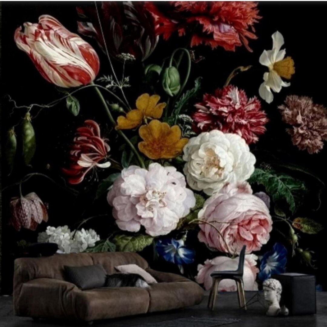 Dark Floral Wallpaper Mural, Vintage Botanical Accent Wall, Custom Size ...