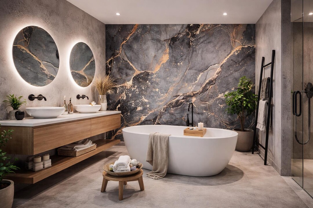 Marble Bathroom Wallpaper Mural | Dark Gold Stone Wall Art - Etsy
