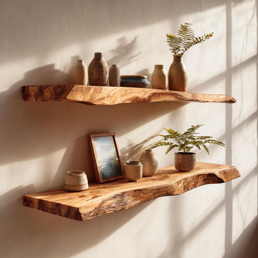 Live Edge Floating Shelves, Solid Natural Wood Wall Decor, Rustic Farmhouse, Kitchen, Bathroom