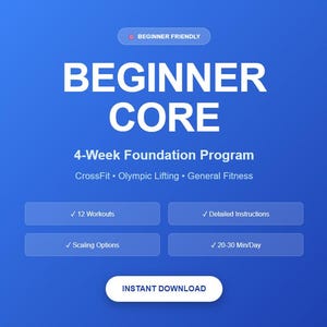 May include: A blue graphic promoting a "BEGINNER CORE" 4-week fitness program. It highlights 12 workouts, detailed instructions, scaling options, and a time commitment of 20-30 minutes daily. The text "BEGINNER FRIENDLY" and "INSTANT DOWNLOAD" are also included.