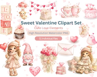 May include: Watercolor clipart set with Valentine's Day themes. Includes illustrations of hearts, cupcakes, a puppy with balloons, a gnome, and a girl reading. The text reads "Sweet Valentine Clipart Set" and "Cute Love Elements."