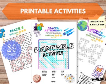 Peut inclure: Feuilles d'activités imprimables avec des labyrinthes, des jeux de mots et des mots croisés. Les feuilles ont des thèmes spatiaux et astronomiques, avec un labyrinthe intitulé "MAZE 6" et une recherche de mots "SPACE & ASTRONOMY". Dimensions : 21 x 29,7 cm.