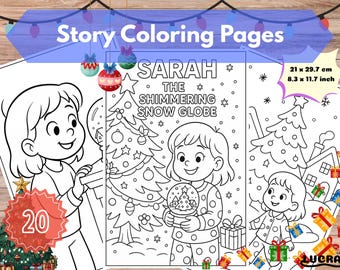 Pode incluir: Páginas para colorir em preto e branco com o texto "Story Coloring Pages" e "SARAH THE SHIMMERING SNOW GLOBE". As páginas apresentam ilustrações de uma menina com um globo de neve, árvores de Natal e caixas de presente. As páginas medem 21 x 29,7 cm.