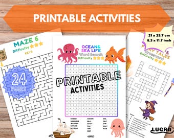 Peut inclure: Ensemble d'activités imprimables pour enfants, comprenant un labyrinthe, une recherche de mots et un mots croisés. Le labyrinthe compte 24 pages. La recherche de mots est sur le thème "Océan & Vie Marine". Chaque feuille mesure 21 x 29,7 cm.