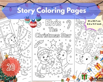 Pode incluir: Um conjunto de páginas para colorir com tema natalino. O título "Story Coloring Pages" é exibido no topo. As páginas apresentam desenhos de um menino, uma rena e árvores de Natal. O texto "Elvis The Christmas Star" também é visível. Dimensões: 21 x 29,7 cm.