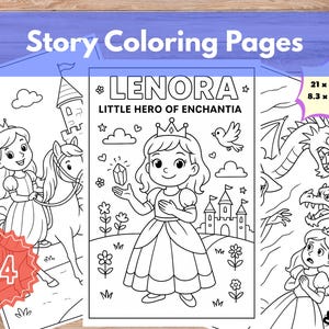 以下が含まれることがあります： 「Story Coloring Pages」と「LENORA LITTLE HERO OF ENCHANTIA」の文字が入った塗り絵のセット。ページサイズは21 x 29.7 cmで、お姫様、馬、ドラゴン、お城のイラストが描かれています。数字の24が表示されています。