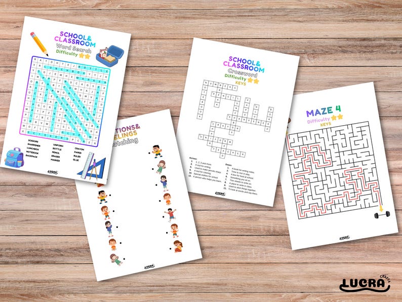 Peut inclure: Quatre feuilles de travail &eacute;ducatives sur une surface en bois. Les feuilles de travail comprennent une recherche de mots, un mots crois&eacute;s, une activit&eacute; d'appariement et un labyrinthe. Les feuilles de travail ont le texte "SCHOOL & CLASSROOM" et "MAZE 4". Le labyrinthe a un chemin rouge.