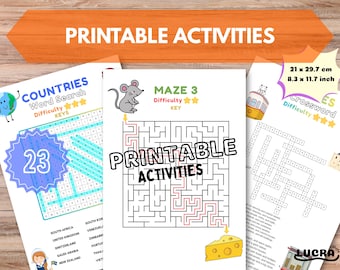 Peut inclure: Feuilles d'activités imprimables avec une recherche de mots, un labyrinthe et un mots croisés. La recherche de mots est pour les pays, le labyrinthe est "Maze 3", et le mots croisés est en espagnol. Chaque feuille mesure 21 x 29,7 cm.