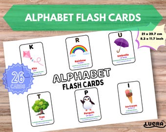 Tarjetas didácticas del abecedario, 26 letras, vocabulario en inglés, pronunciación, oraciones sencillas, PDF imprimible