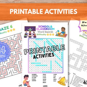 Peut inclure: Ensemble d'activit&eacute;s &eacute;ducatives imprimables, comprenant un labyrinthe, une recherche de mots et un mots crois&eacute;s. Les pages mesurent 21 x 29,7 cm. L'image pr&eacute;sente le texte "Activit&eacute;s imprimables" et des &eacute;valuations de difficult&eacute; avec des &eacute;toiles.