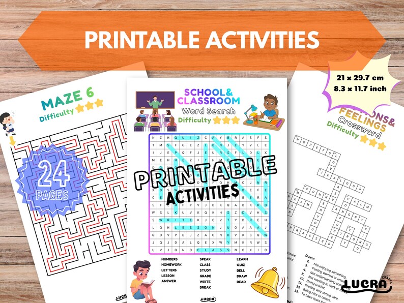 Peut inclure: Ensemble d'activit&eacute;s &eacute;ducatives imprimables, comprenant un labyrinthe, une recherche de mots et un mots crois&eacute;s. Les pages mesurent 21 x 29,7 cm. L'image pr&eacute;sente le texte "Activit&eacute;s imprimables" et des &eacute;valuations de difficult&eacute; avec des &eacute;toiles.