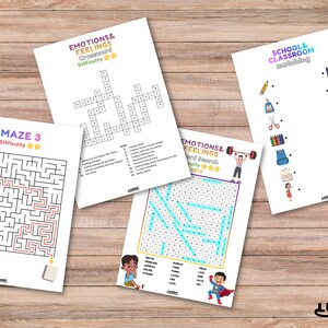 Peut inclure: Quatre feuilles de papier blanches avec des activit&eacute;s &eacute;ducatives sur une surface en bois. Les feuilles comprennent un mots crois&eacute;s, un labyrinthe, une recherche de mots et un jeu d'association. Le texte sur les feuilles comprend "Emotions & Feelings" et "School & Classroom".