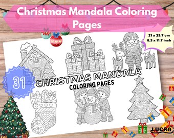May include: A black and white Christmas Mandala coloring book with 31 pages. The cover features various holiday-themed illustrations, including a house, gifts, Santa Claus with reindeer, a stocking, a snowman, and a Christmas tree. The dimensions are 8.3 x 11.7 inches.