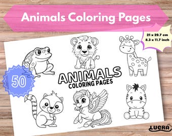 Può includere: Un libro da colorare bianco intitolato "Animals Coloring Pages" con 50 pagine, con disegni a tratto di una rana, un leone, una giraffa, uno scoiattolo, un pegaso e una zebra. Il libro misura 21 x 29,7 cm.