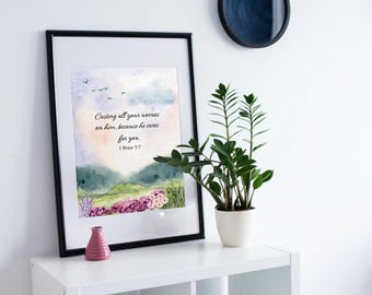 Arte de pared imprimible de 1 Pedro 5:7, Deposita todas tus preocupaciones en Él, Escritura, Decoración cristiana en acuarela, Descarga digital de versículos bíblicos