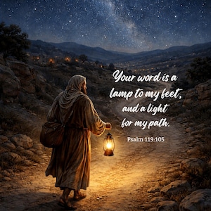 May include: An artistic depiction of a person walking on a path at night, illuminated by a lantern. The night sky is filled with stars. Text reads: "Your word is a lamp to my feet, and a light for my path. Psalm 119:105."