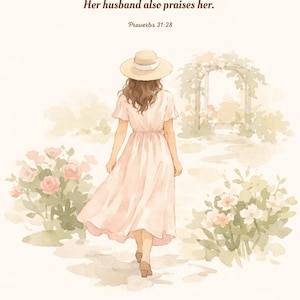 Può includere: Illustrazione ad acquerello di una donna con un vestito rosa e un cappello di paglia, che si allontana. L'immagine include il testo di Proverbi 31:28, con elementi floreali e di giardino sullo sfondo. Il tema generale è ispiratore e sereno.