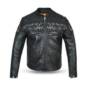 May include: Black leather jacket with a stand-up collar and a front zip. The jacket has white floral embroidery across the chest and shoulders, and two zipped pockets. The sleeves have zipped cuffs.