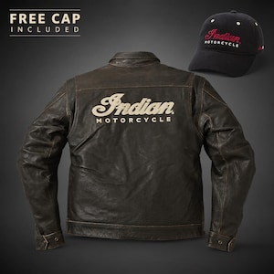 May include: A distressed brown leather jacket with the "Indian Motorcycle" logo in cream lettering on the back. A black baseball cap with the "Indian Motorcycle" logo in red is included. The text "FREE CAP INCLUDED" is at the top.