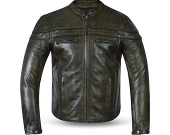 Men’s Distressed Vintage Leather Biker Jacket – Handmade Chestnut Brown Cowhide Motorcycle Jacket, Streetwear Outerwear