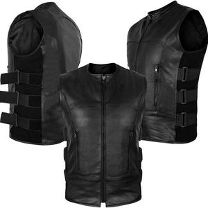 May include: Three black leather vests are displayed. The vests have a zip-up front, pockets, and adjustable straps with hook-and-loop closures. The vests are sleeveless and appear to be made of a smooth, durable leather material.