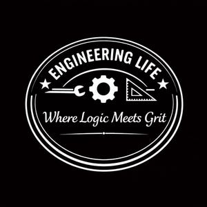 Puede incluir: Gráfico en blanco y negro con el texto "ENGINEERING LIFE" en un diseño circular. El diseño incluye una llave inglesa, un engranaje y un triángulo. Debajo, la frase "Where Logic Meets Grit".