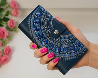 Mother’s Day Gift for Mom, Artisan Leather Wallet with Mandala and Rhinestones — Spiritual Boho gift, Hand-Painted and Truly Unique.